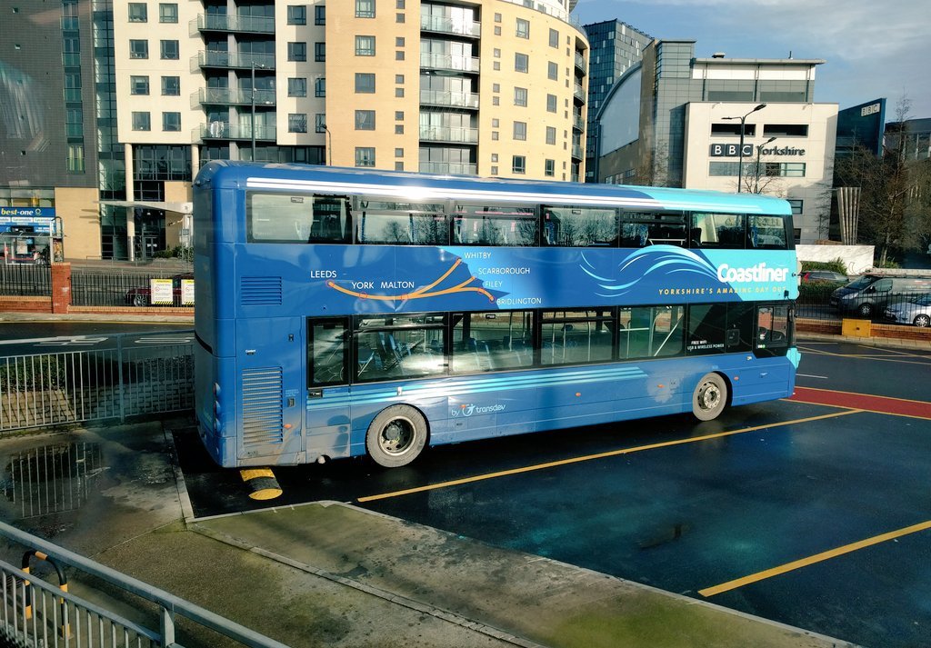 A brand new Coastliner bus waiting time in Leeds City bus station