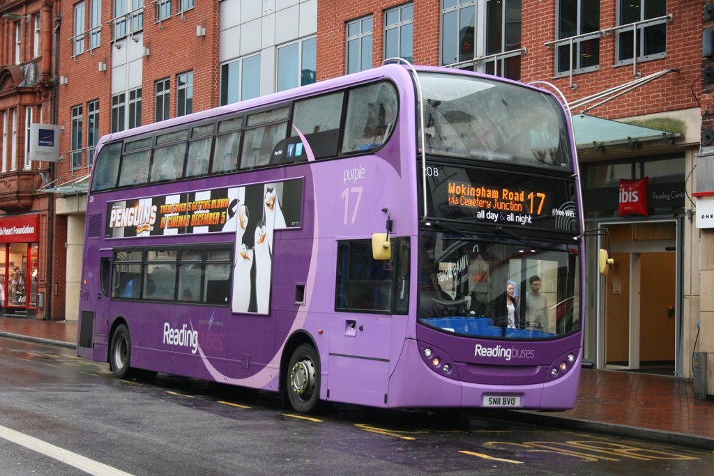 An electric hybrid Enviro 400 branded for and operating Purple route 17
